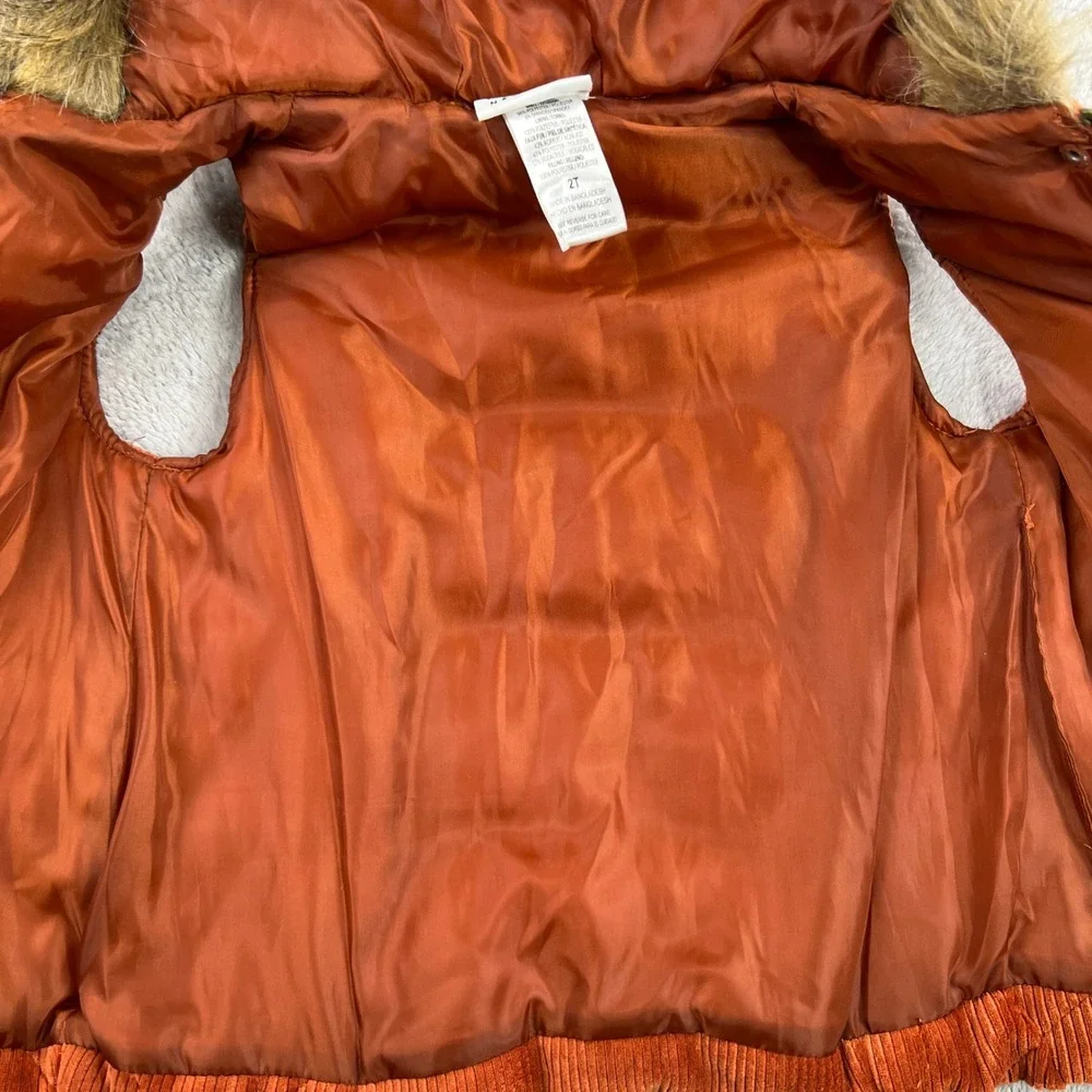 Nicole Miller Corduroy Puffer Vest 2T Orange Women Faux Fur Hood Quilted Zip